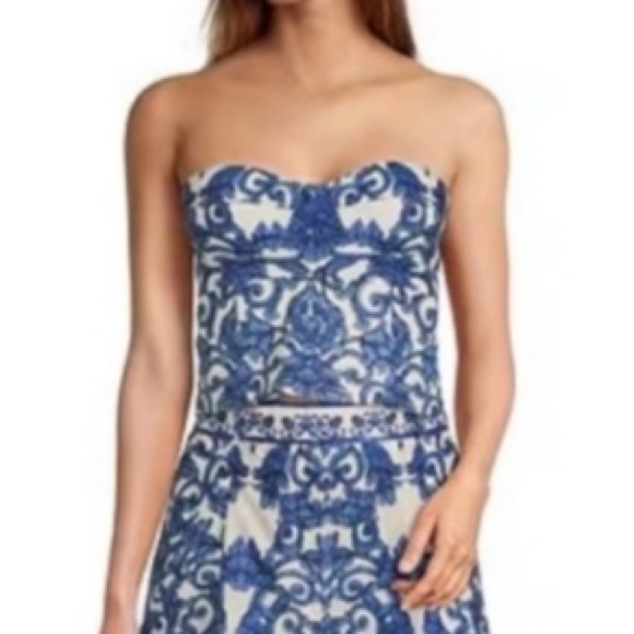 ANTONIO MELANI Blue White Italian Tile Print Strapless Top - Picture 1 of 10